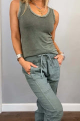 Casual Daily Solid Color Draw String Pocket Lace Up U Neck Sleeveless Two Pieces(6 Colors)