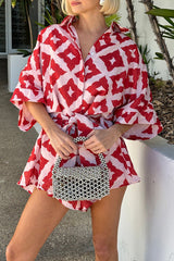 Casual Print Rhombus Lace Up Contrast Turndown Collar Loose Rompers