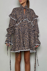 Elegant Leopard Print Flowers Lace Up Patchwork Ruffle Half A Turtleneck A Line Dresses(3 Colors)