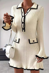 Daily Elegant Patchwork Contrast Potholes Turndown Collar A Line Dresses