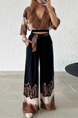 Casual Gradient Print Pocket Contrast V Neck Nine Points Sleeve Two Pieces