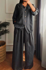 Casual Draw String Buttons Turndown Collar Long Sleeve Two Pieces(6 Colors)