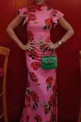 Daily Elegant Flowers Buttons Ruffle Mandarin Collar One Step Skirt Dresses