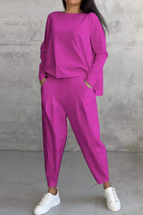 Casual Solid Color Pocket O Neck Long Sleeve Two Pieces(9 Colors)