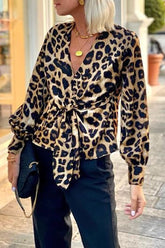 Street Elegant Leopard Print Lace Up V Neck Blouses