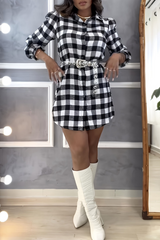 Casual Street Plaid Patchwork Contrast Turndown Collar Shirt Dresses(No Belt)
