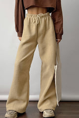 Casual Street Solid Color Pocket Lace Up Fluffy Loose High Waist Wide Leg Solid Color Bottoms