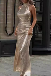 Sexy Sequins Backless Halter One Step Skirt Dresses