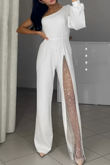 Sexy See-Through Mesh Sloping Shoulder Regular Jumpsuits(2 Colors)