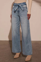 Casual Gradient Color Distressed Lace Up High Waist Loose Denim Jeans