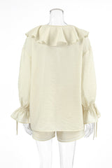 Casual Daily Lace Up Ruffle V Neck Long Sleeve Two Pieces