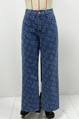Casual Heart Shaped Distressed Patchwork High Waist Loose Denim Jeans