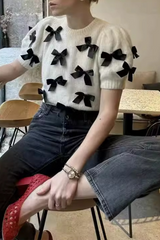 Casual Bow Patchwork Contrast O Neck Sweaters