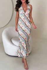 Sexy Floral Print Lace Up Backless Contrast Halter One Step Skirt Dresses