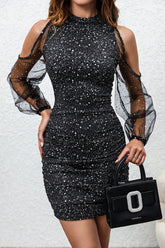 Elegant Hollow Out Patchwork Sequined O Neck Wrapped Skirt Dresses