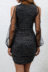 Elegant Hollow Out Patchwork Sequined O Neck Wrapped Skirt Dresses