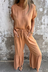 Casual Pocket Lace Up Flounce O Neck Short Sleeve Two Pieces(3 Colors)