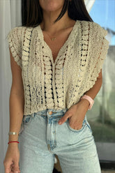 Casual Hook Flower Hollow Out V Neck Waistcoats