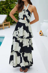 Elegant Floral Print Lace Up Backless Flounce Halter Cake Skirt Dresses