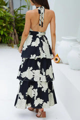 Elegant Floral Print Lace Up Backless Flounce Halter Cake Skirt Dresses