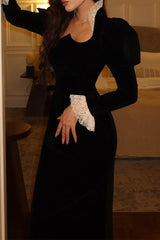 Elegant Lace Patchwork Velvet Square Neck Wrapped Skirt Dresses