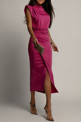 Elegant Slit Ruched O Neck Wrapped Skirt Dresses(3 Colors)