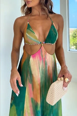 Sexy Gradient Backless Strap Design Halter Dresses