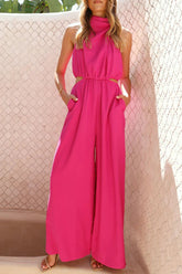 Casual Hollow Out Pocket Halter Loose Jumpsuits(4 Colors)