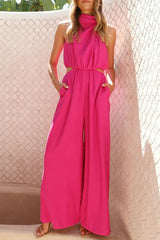 Casual Hollow Out Pocket Halter Loose Jumpsuits(4 Colors)