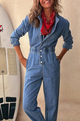 Casual Solid Color Distressed Pocket Buckle O Neck Long Sleeve Regular Denim Jumpsuits