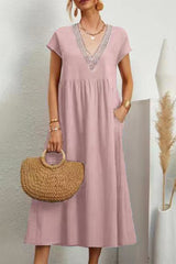 Casual Solid Color Pocket V Neck Short Sleeve Short Sleeve Dress