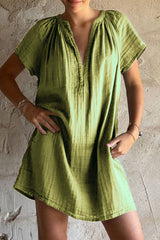Casual Solid Color Patchwork Ruched V Neck Short Sleeve Short Sleeve Dress