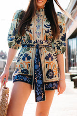 Casual Floral Print Lace Up Buttons O Neck Rompers