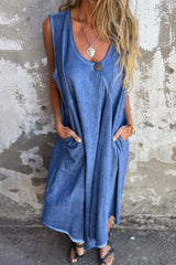 Casual Solid Color Pocket Buttons O Neck Sleeveless Dresses