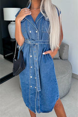 Casual Solid Color Buckle Turndown Collar Sleeveless Loose Denim Dresses