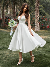 A-Line Ruffles V-neck Sleeveless Satin Tea-Length Dress