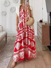 Beautiful Shell Unique Print Front Lace-up Loose Maxi Dress