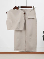 2 Piece Sets O Neck Sleeveless Top Fake Pockets Split Skirt