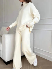 2 Pieces Sets Knitted Turtleneck Sweater and Straight Jogging Pants