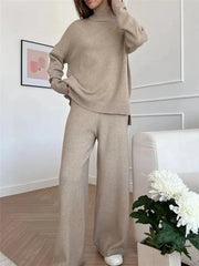 2 Pieces Sets Knitted Turtleneck Sweater and Straight Jogging Pants