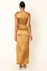Satin Asymmetric One Shoulder Drape Slit Maxi Dress