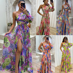 Fashion Print Sexy Slash Neck Backless Party Dress Elegant Bohemian Wedding Guest Dress