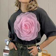 3D Flowers Short Sleeve Decorative Tops