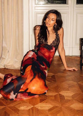 Abstract Floral Print Lace Patchwork Back Lace-up Maxi Dress