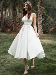 A-Line Ruffles V-neck Sleeveless Satin Tea-Length Dress