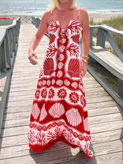 Beautiful Shell Unique Print Front Lace-up Loose Maxi Dress