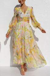 Abstract Floral Balloon Sleeves Maxi Dress
