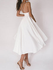 A-Line Ruffles V-neck Sleeveless Satin Tea-Length Dress