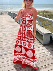 Beautiful Shell Unique Print Front Lace-up Loose Maxi Dress