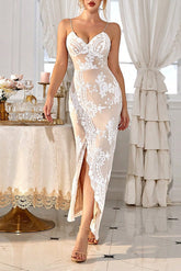 Sequined Embroidery Cross Slit Backless Slim Maxi Dress